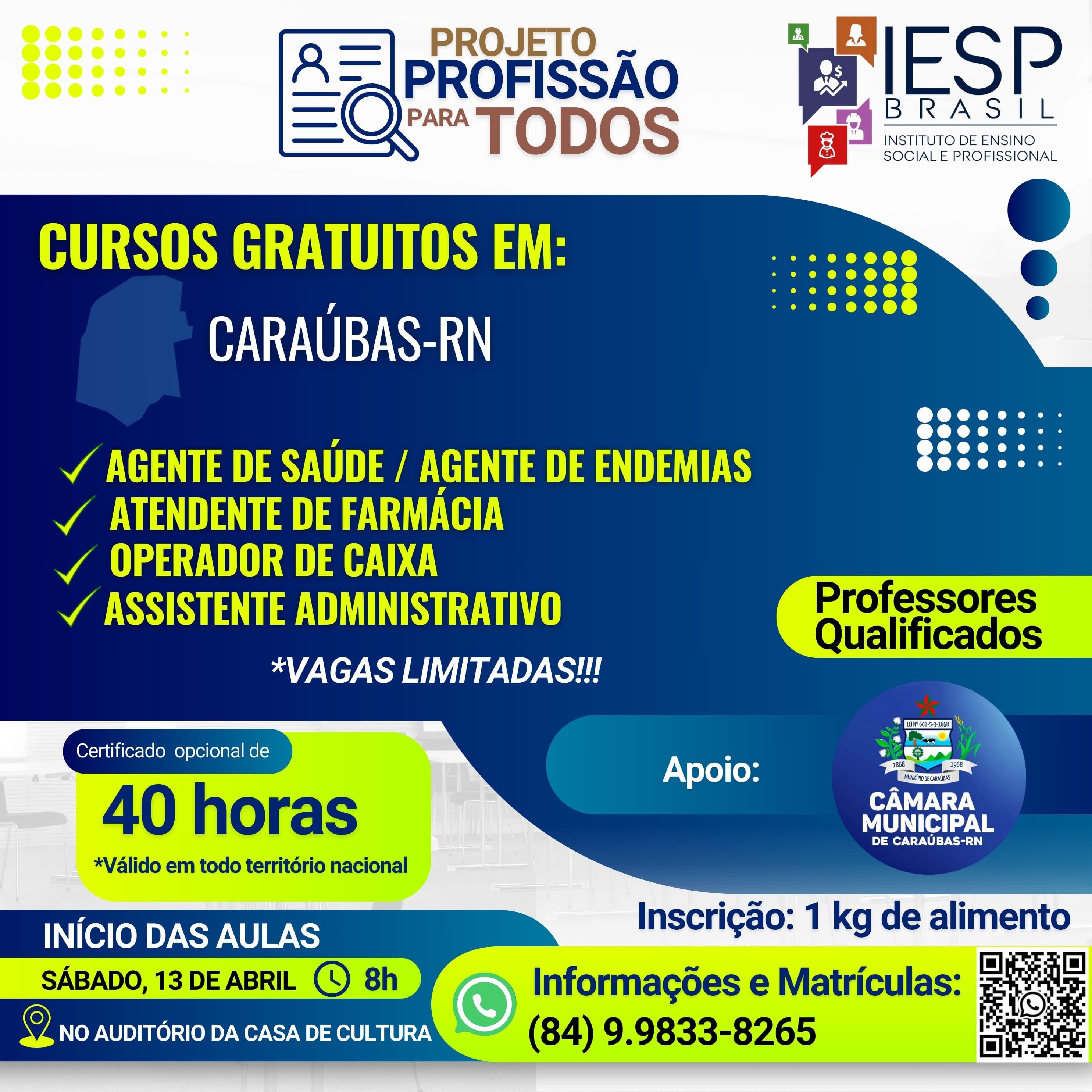 O IESP Brasil ofertará cursos profissionalizantes em parceria com o Poder Legislativo caraubense: Confira os cursos e as datas